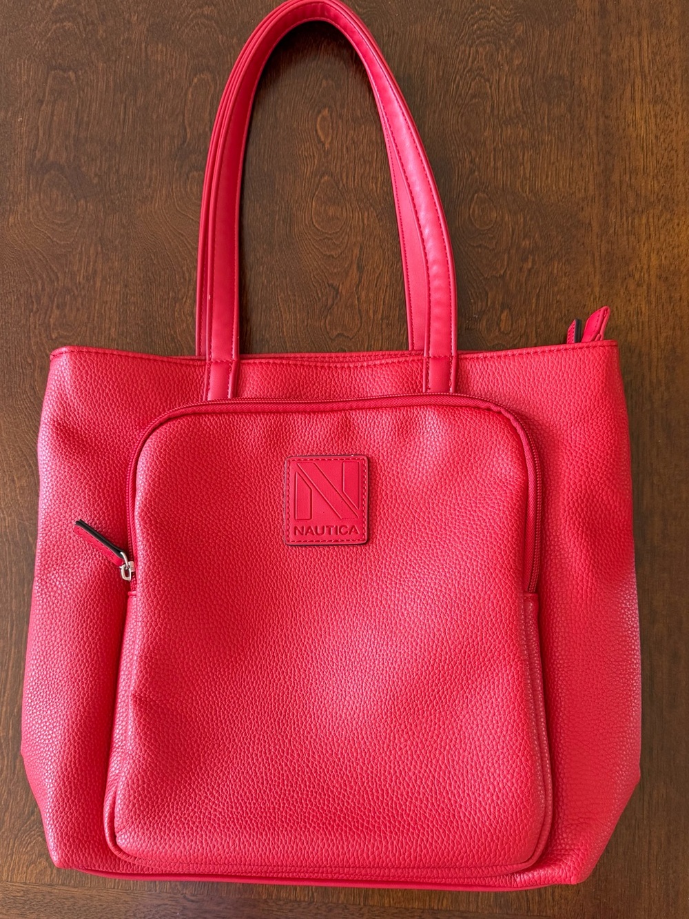 Nautica Bright Red Pebbled Tote with Front Zip Pocket